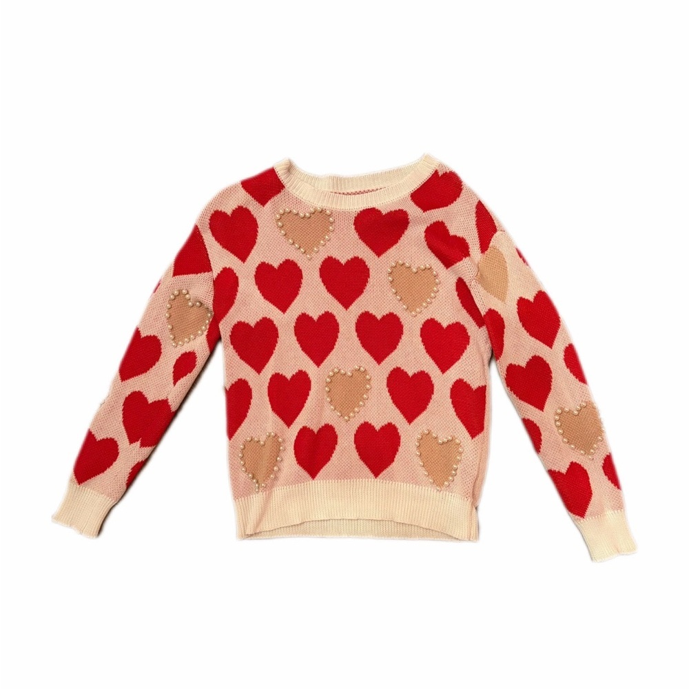 Heart Patterned Red and Tan Sweater